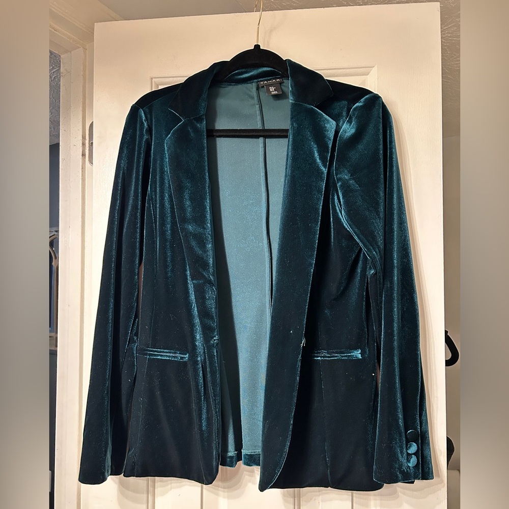 Velvet Open-Front Blazer Jacket - Teal